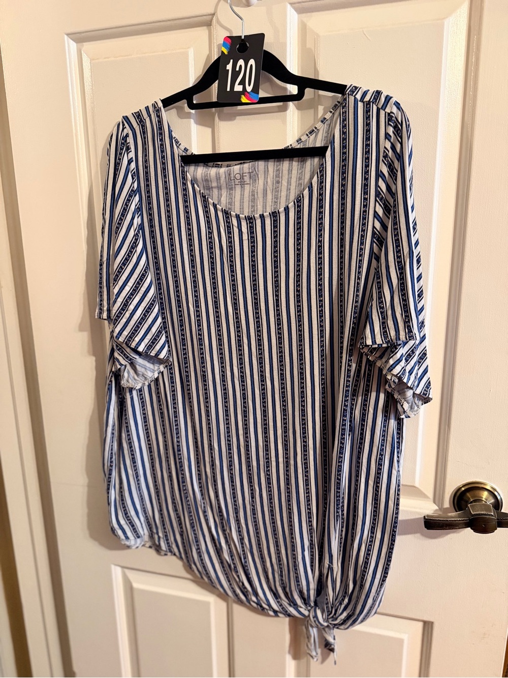 LOFT White and Blue Vertical-Stripe Tie-Front Tunic